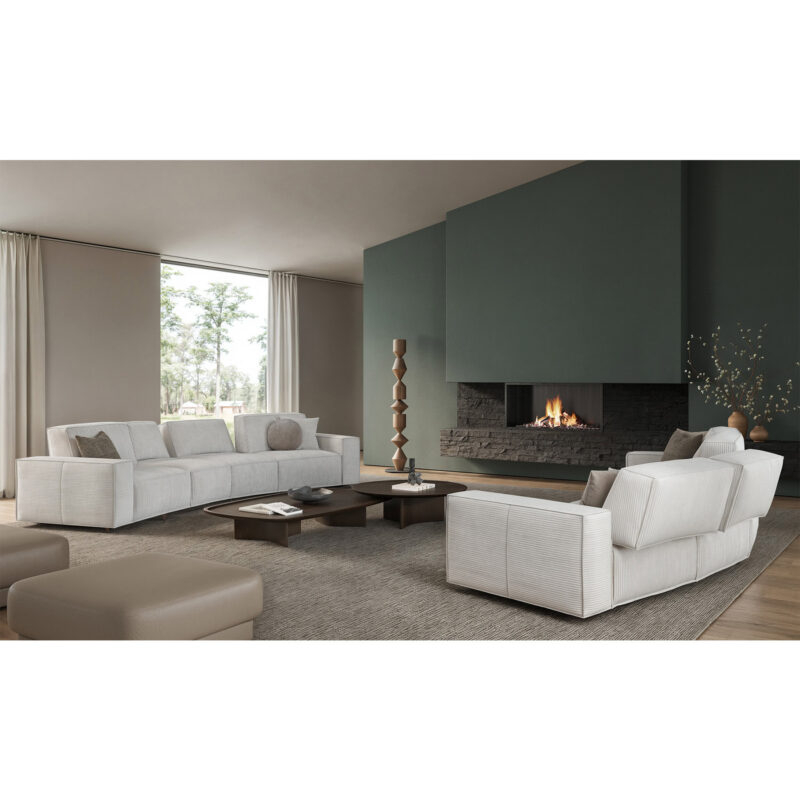 Modern chic living room with plush white sofas and elegant fireplace by LEOPARD Furniture, Canada.