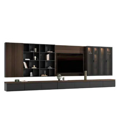 Wall-mounted modern shelving unit on white background by LEOPARD Furniture, featuring sleek glass cabinets.