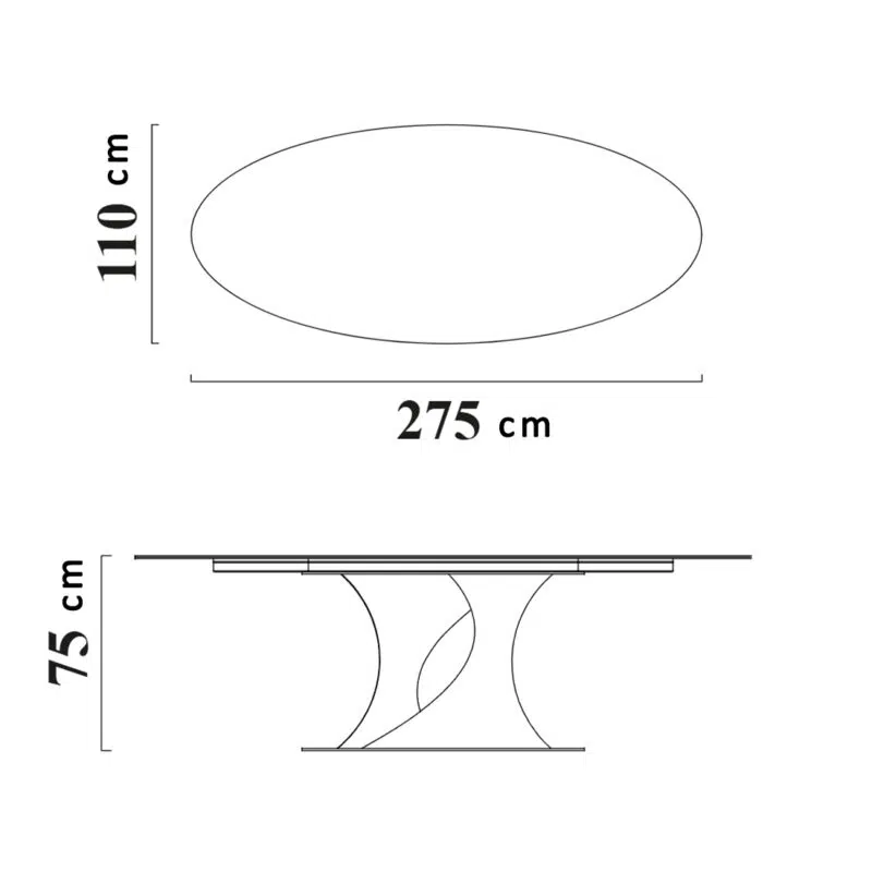 Dimensions du table à manger ovale moderne de luxe LEOPARD Furniture sur fond blanc.