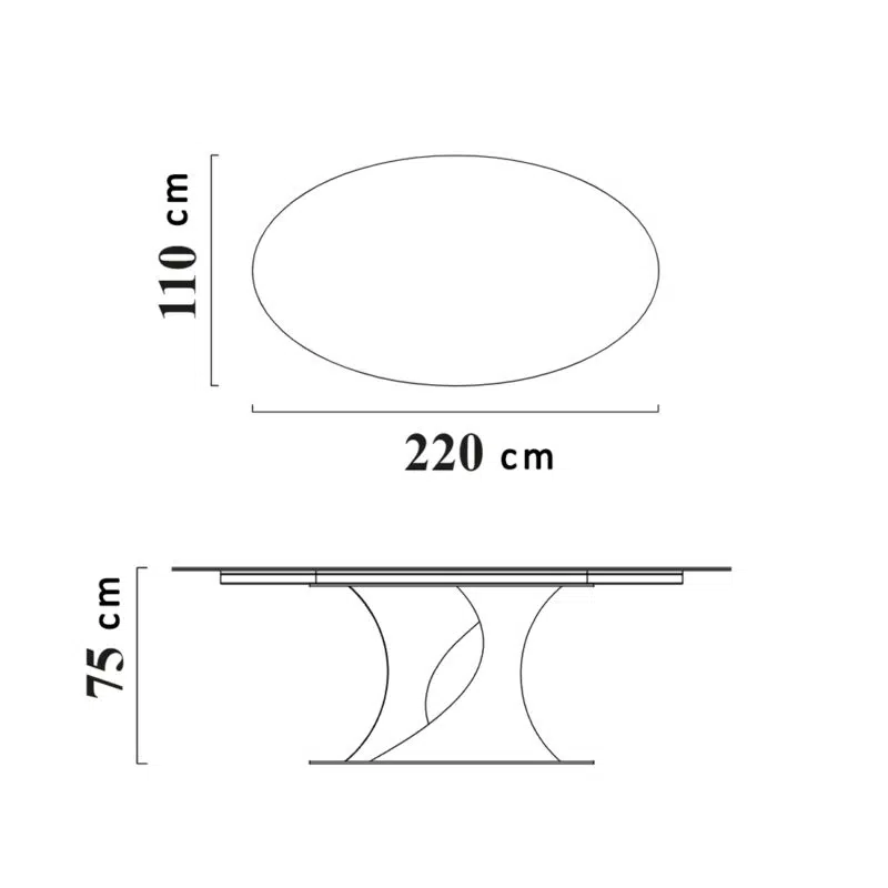 Dimensions du design contemporain de la table ovale LEOPARD Furniture, 220x110x75 cm, moderne et élégante.