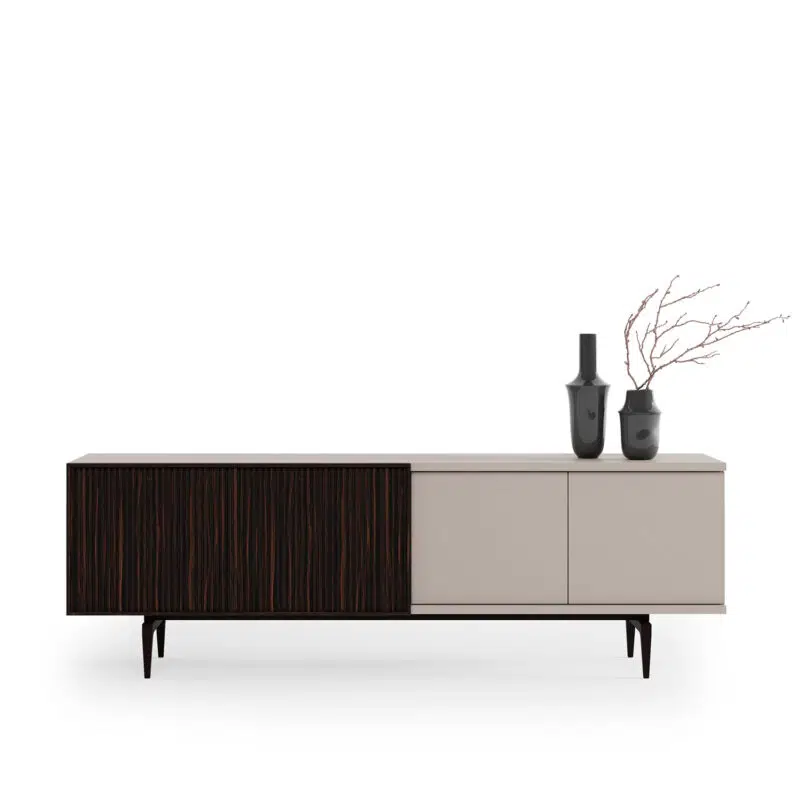 Modern minimalist credenza with wood accents on white background, from LEOPARD Furniture, Canada's luxury interior design.