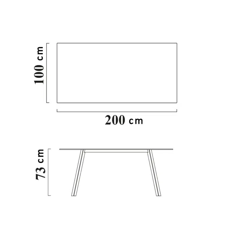 Dimensions of modern dining table 200x100x73 cm, minimalist design, LEOPARD Furniture, white background image.