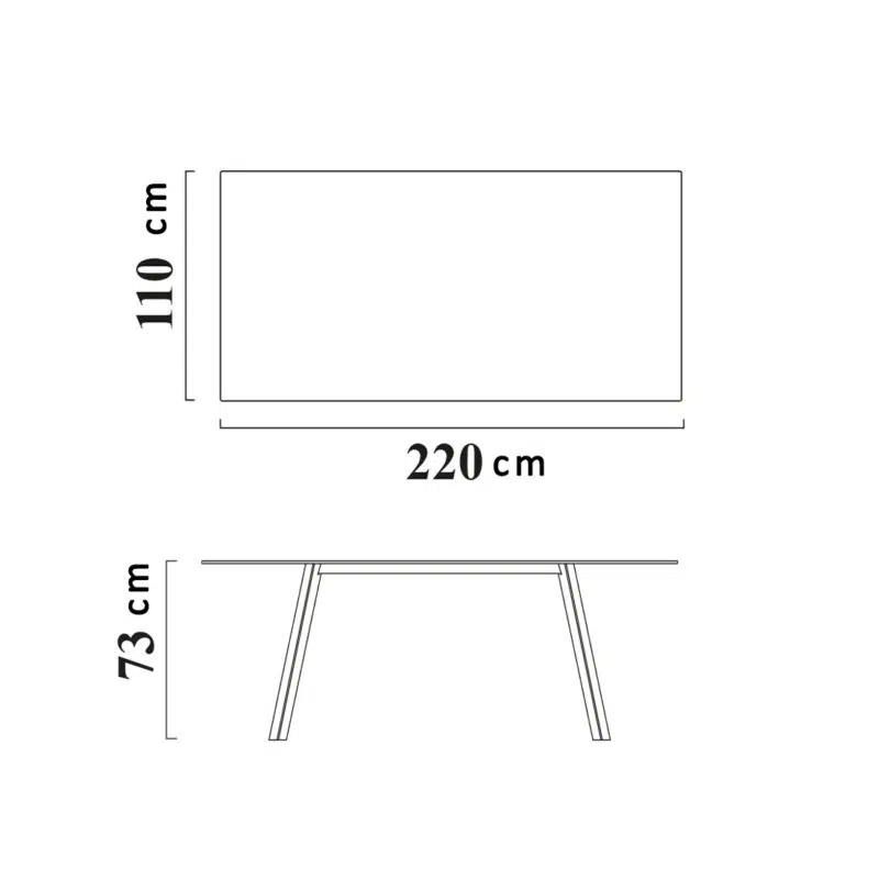 Dimensions d'une table à manger moderne 220x110 cm de LEOPARD Furniture, design élégant. Fond blanc.