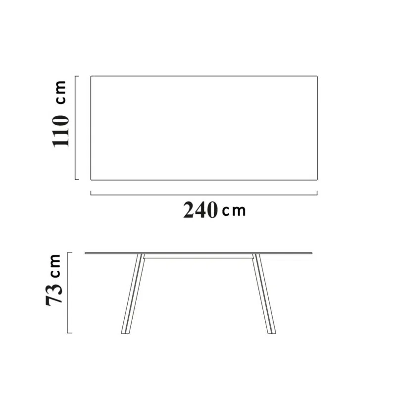 Dimensions de la table à manger moderne haute gamme de LEOPARD Furniture, sur fond blanc, 240x110x73 cm.