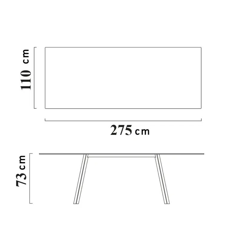 Dimensions de la table élégante LEOPARD : 275 cm x 110 cm x 73 cm, arrière-plan blanc, mobilier haut de gamme.