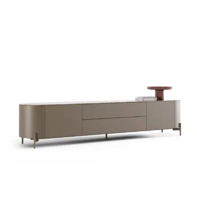 Modern taupe TV stand on white background, showcasing sleek minimalist design from LEOPARD Furniture, Canada. Taupe color italian ceramic.