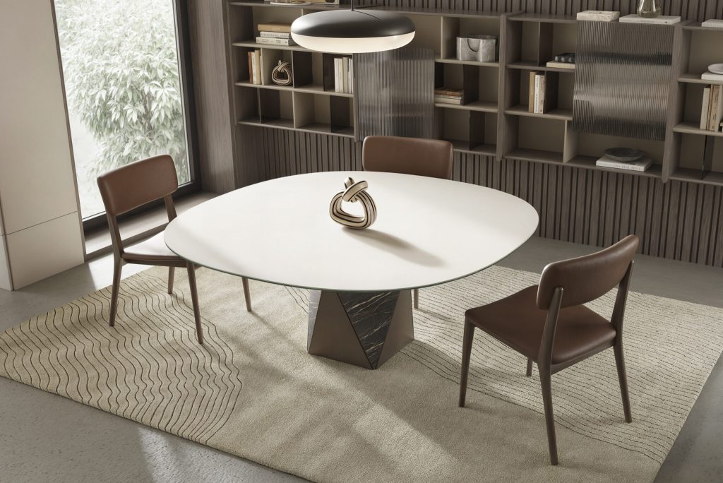 Modern dining room with oval marble table and leather chairs by LEOPARD Furniture, Canada. Élégance contemporaine.