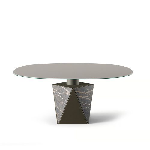 Elegant oval glass dining table with geometric marble base on white background from LEOPARD Furniture Canada.