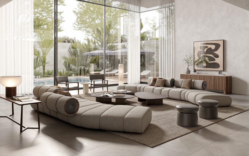 Luxurious modern living room with curved sectional sofa and elegant coffee tables by LEOPARD Furniture in Canada.