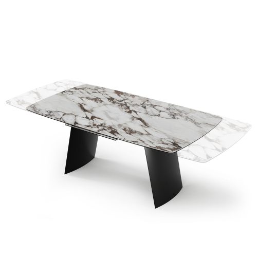 Table extensible en marbre LEOPARD avec pieds noirs, design moderne chic sur fond blanc.