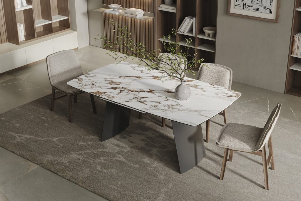 Luxurious marble dining table and chairs in modern style by LEOPARD Furniture, Canada.