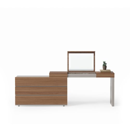 Coiffeuse contemporaine en bois avec miroir, design moderne de LEOPARD Furniture, sur fond blanc.