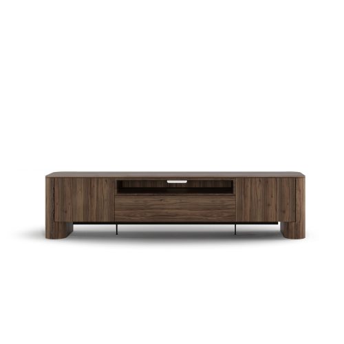 Console TV moderne en noyer sur fond blanc de LEOPARD Furniture Canada, parfaite pour le design d'un salon de luxe.
