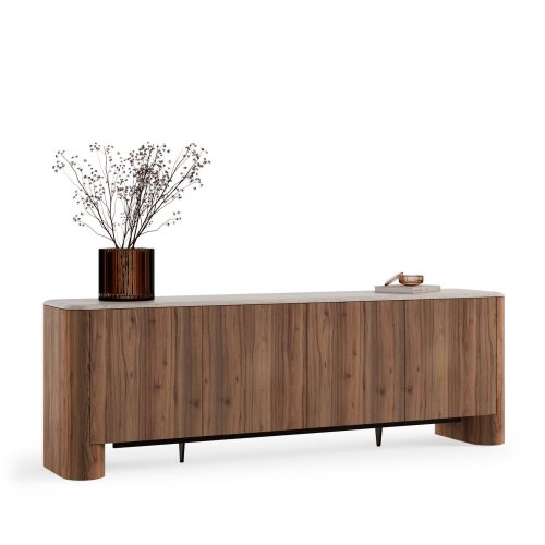 Credenza en bois élégant avec vase moderne, fond blanc. Meuble chic LEOPARD Furniture pour intérieur haut de gamme.