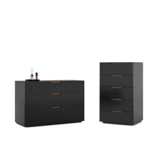 Commode moderne noire avec tiroirs pour chambre, par LEOPARD Furniture. Image sur fond blanc.