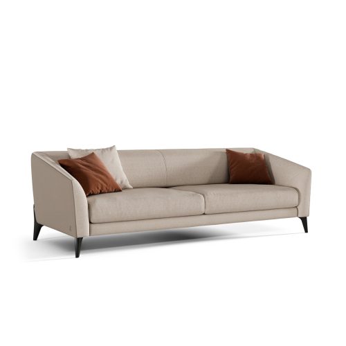 Modern beige sofa with sleek design and accent pillows on a white background, LEOPARD Furniture Canada.