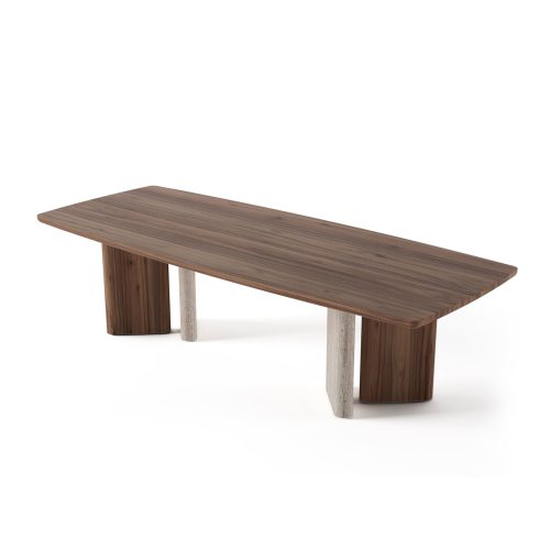Modern walnut dining table with unique mixed wood legs on white background, crafted by LEOPARD Furniture Canada.