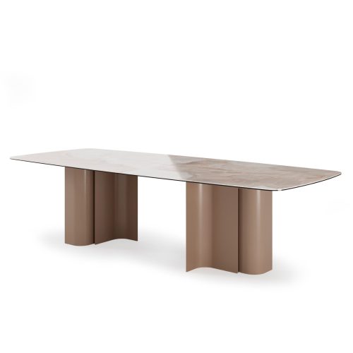 Modern sculptural dining table by LEOPARD Furniture on white background, featuring curved legs and sleek tabletop design.