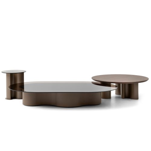 Contemporary designer coffee table set in brown with glass and wood finish, on a white background from LEOPARD Furniture.