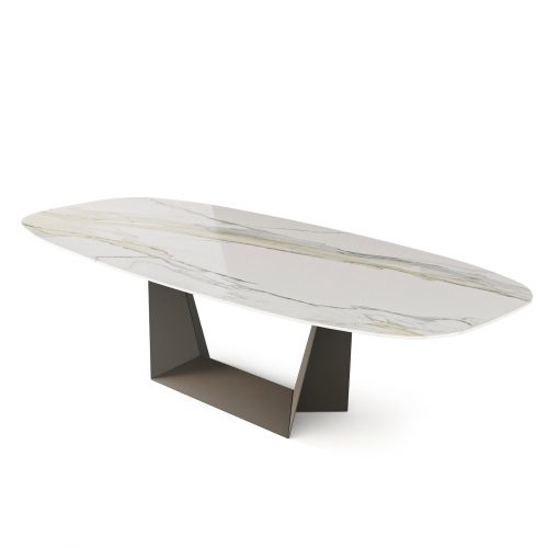 Marble dining table with sleek geometric base, on white background. LEOPARD Furniture, luxury Canadian design.