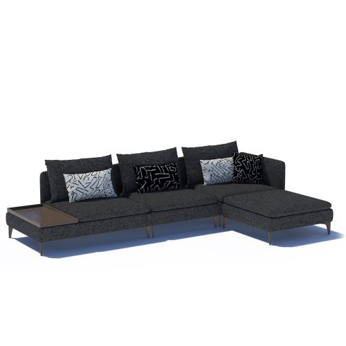 Sectional moderne en tissu gris foncé avec table intégrée sur fond blanc, LEOPARD Furniture Canada.