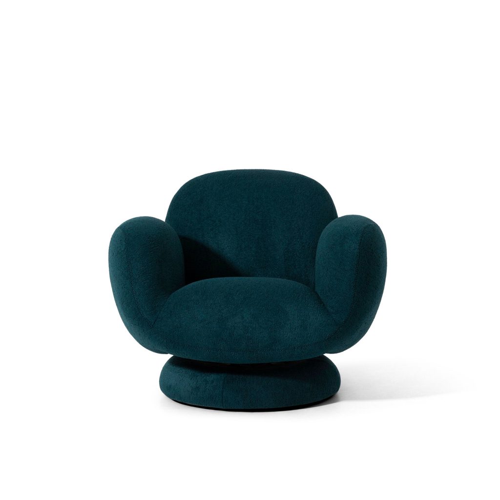 Luxurious LEOPARD Furniture modern swivel lounge chair with deep teal fabric on a white background.