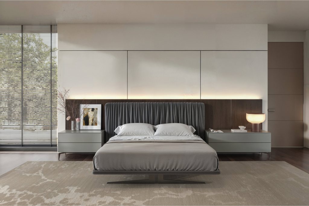 Elegant modern bedroom design with plush king-size bed by LEOPARD Furniture, featuring sleek nightstands and ambient lighting.