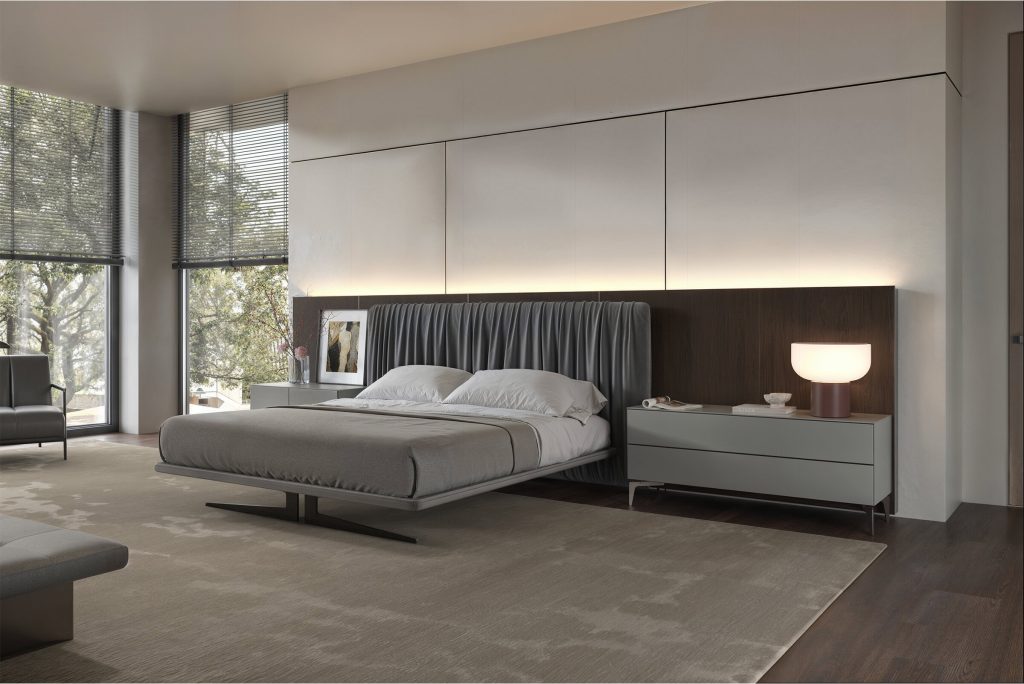 Luxurious modern bedroom with LEOPARD Furniture's designer bed and nightstands, showcasing elegant interior design.