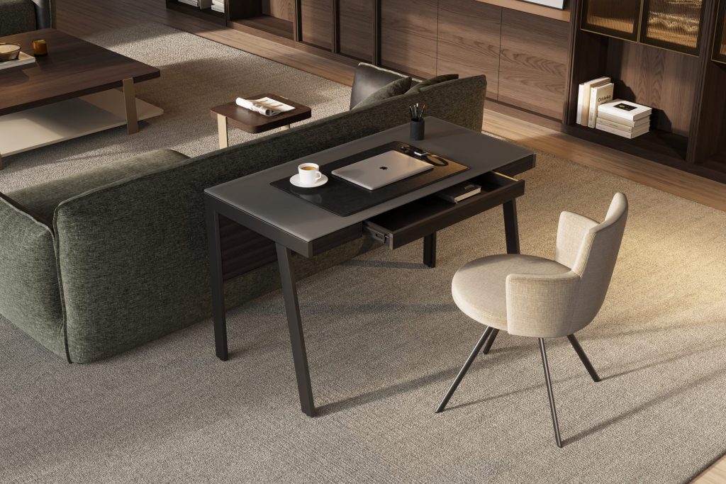 Modern home office setup with sleek desk and beige chair by LEOPARD Furniture, Canada. Contemporary interior design.