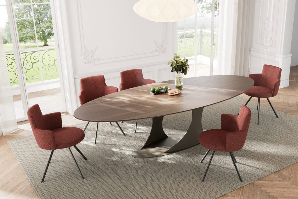 Elegant dining setup with oval wooden table and red cushioned chairs at LEOPARD Furniture, classic interior style.