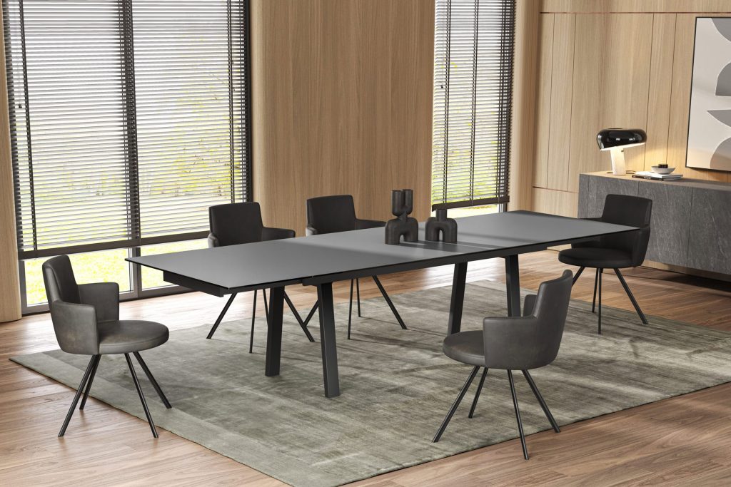 Modern dining set featuring sleek chairs and minimalist table in elegant interior by LEOPARD Furniture, Canada.