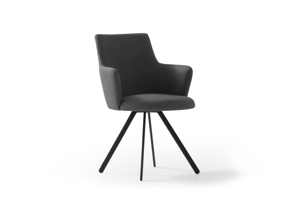 Chaise pivotante moderne noire avec dossier rembourré sur fond blanc, LEOPARD Furniture, design contemporain Canada.