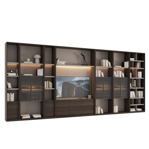 Modern wall-mounted entertainment unit with integrated shelves in a dark wood finish by LEOPARD Furniture, white background.