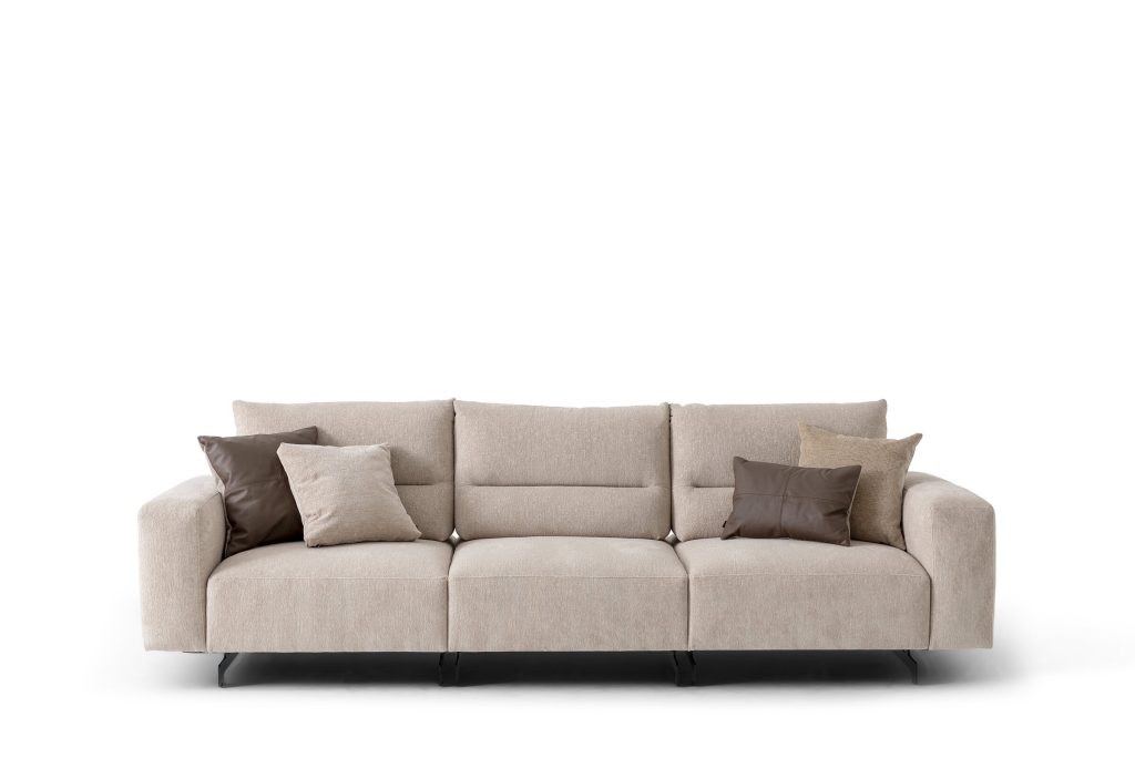 Elegant beige sectional sofa with plush cushions, showcased on a white background by LEOPARD Furniture, Canada.