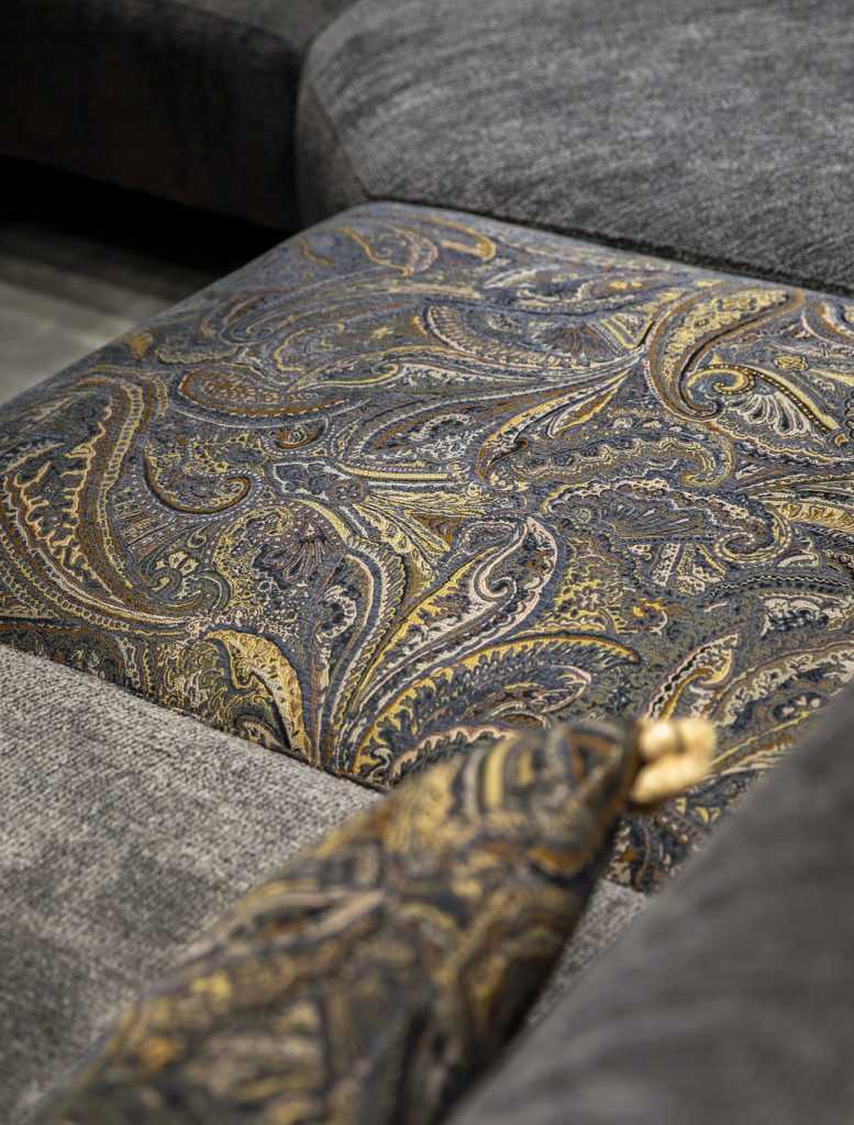 Luxurious paisley-patterned fabric detail on LEOPARD Furniture sofa, showcasing premium upholstery design in Canada.