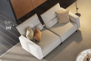 Modern beige sectional sofa with DSS mechanism in a luxurious contemporary living room by LEOPARD Furniture, Canada.