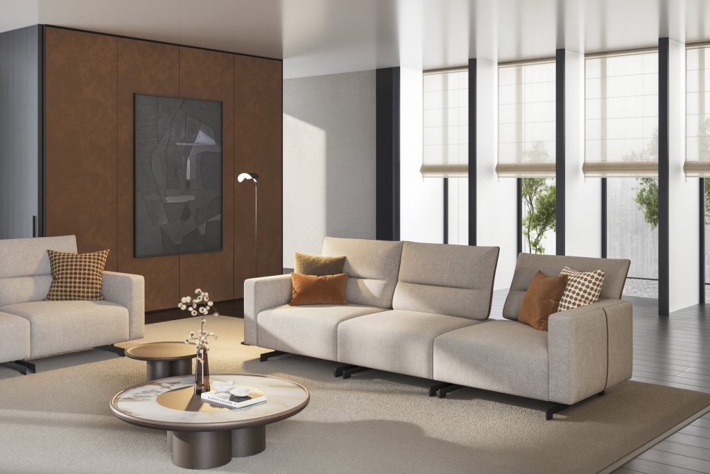 Modern beige sectional sofa with accent pillows in a luxurious living room, by LEOPARD Furniture, Canada.
