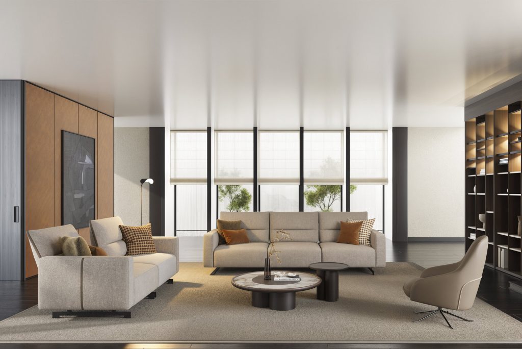 Modern living room setup with beige sectional sofa and round coffee table by LEOPARD Furniture, Canada.