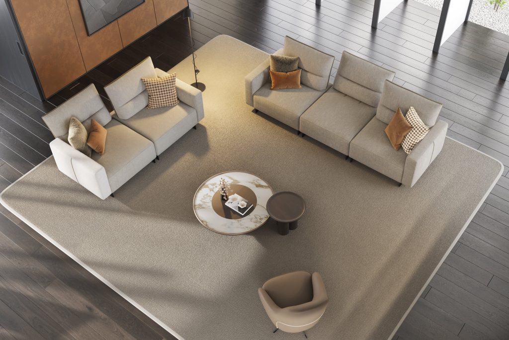 Modern living room with LEOPARD Furniture's beige sectional sofa, chic marble coffee table, and elegant decor. Luxurious ambiance.