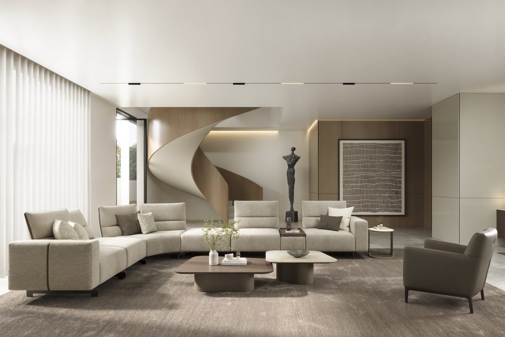Modern sectional sofa set in elegant minimalist living room by LEOPARD Furniture, Canada. High-end home decor.