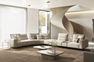 Modern beige sectional sofa in minimalist living room by LEOPARD Furniture, Canada. Perfect for contemporary spaces.