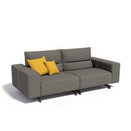 Modern gray fabric sofa with yellow cushions on white background for luxury living room by LEOPARD Furniture Canada.