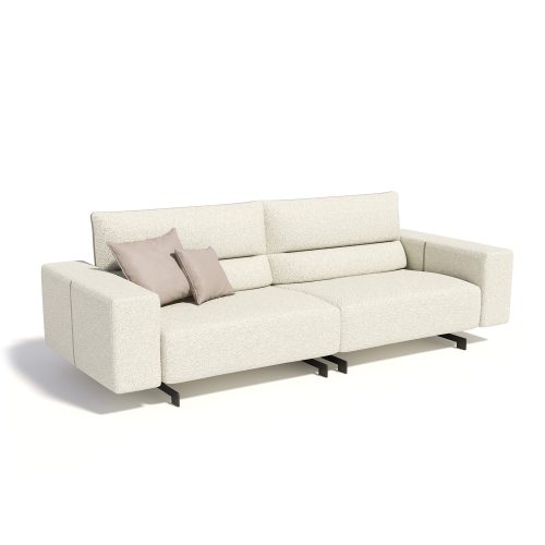 Contemporary cream boucle sofa with beige cushions by LEOPARD Furniture on white background. High-end Canadian design.