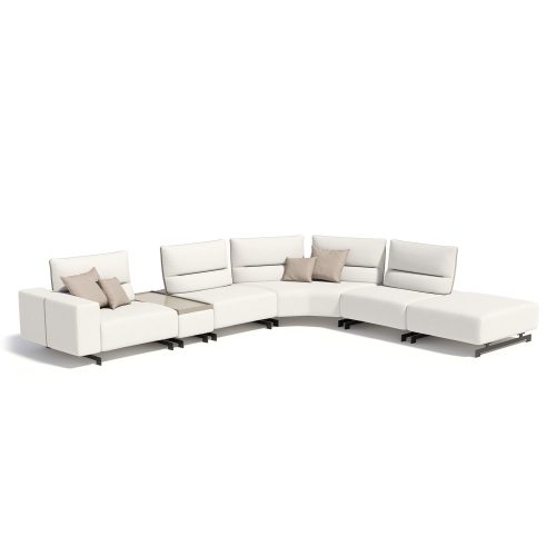 Modern white sectional sofa with beige cushions on a white background, LEOPARD Furniture, Canada, luxury interior design.