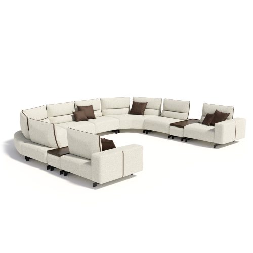 Modular white sectional sofa with brown accents on white background. High-end design by LEOPARD Furniture Canada.