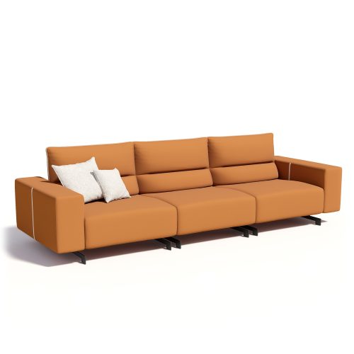 Modern orange leather sofa with cushions on a white background, LEOPARD Furniture Canada high-end luxury couch.