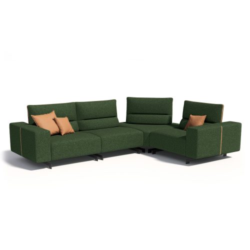 Green sectional sofa with tan accent pillows on a white background; luxurious seating from LEOPARD Furniture, Canada.