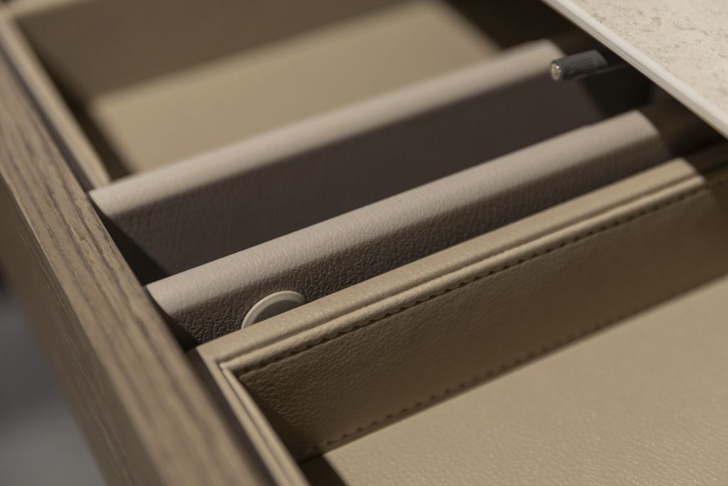 Drawer organizer interior in premium leather, showcasing LEOPARD Furniture’s luxurious and high-end craftsmanship.