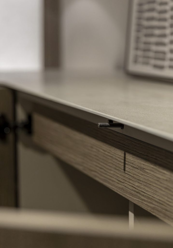 Close-up of elegant, modern oak wood sideboard from LEOPARD Furniture showcasing exquisite craftsmanship.