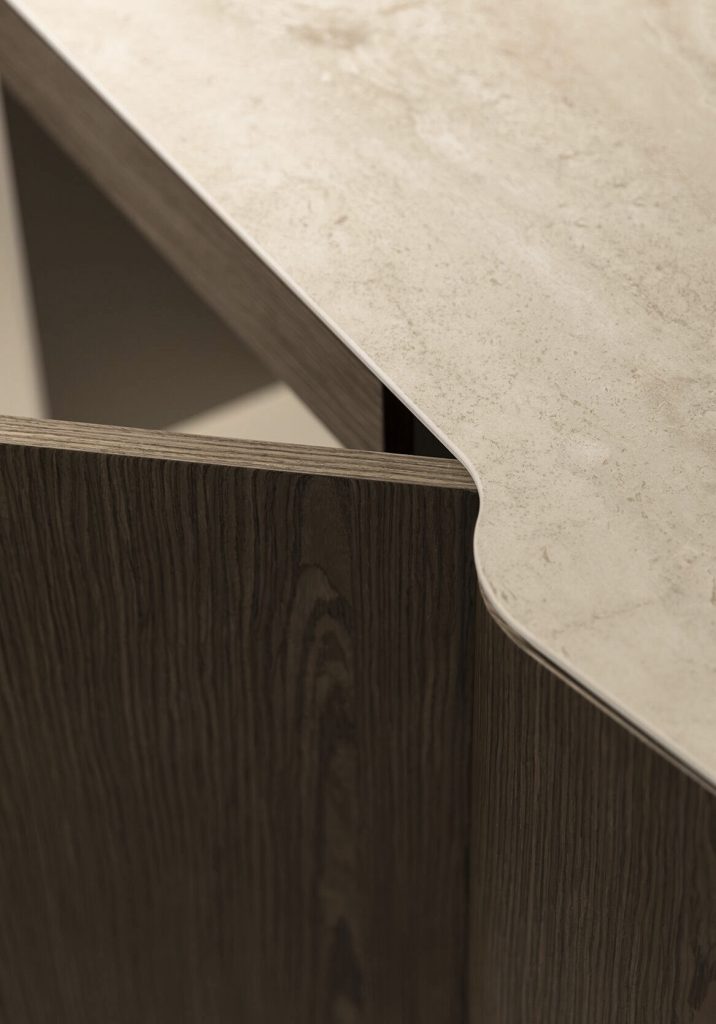 Modern wood and stone corner table detail, showcasing sleek design by LEOPARD Furniture Canada.